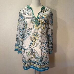 Chicos Paisley Floral 100 % Cotton Beaded Tunic Top White Turquoise Size 2 Large